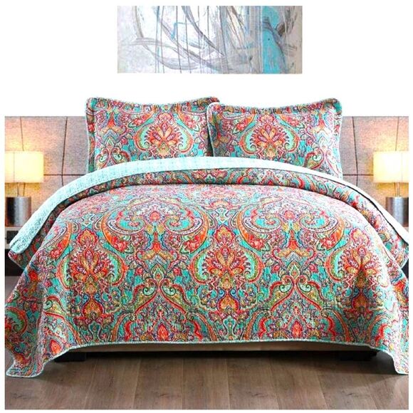 New Lake Boho Moroccan Bedspread Quilt Sham Set Reversible Coverlet Size Queen - Picture 1 of 14